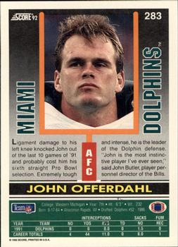 1992 Score #283 John Offerdahl Back