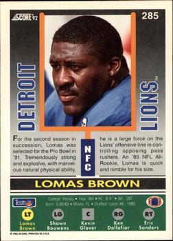 1992 Score #285 Lomas Brown Back