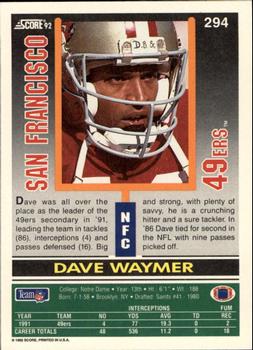 1992 Score #294 Dave Waymer Back