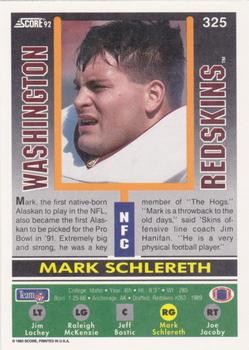 1992 Score #325 Mark Schlereth Back