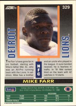1992 Score #329 Mike Farr Back