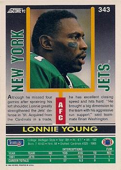 1992 Score #343 Lonnie Young Back