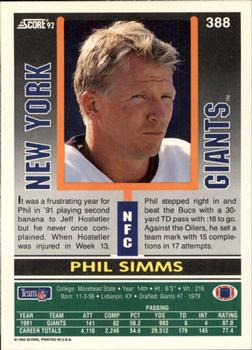 1992 Score #388 Phil Simms Back