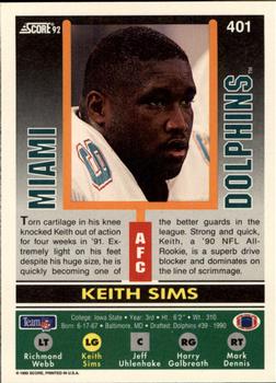 1992 Score #401 Keith Sims Back