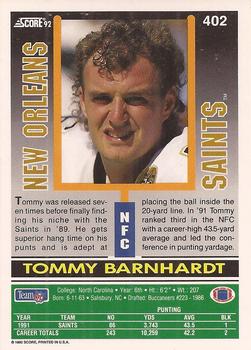 1992 Score #402 Tommy Barnhardt Back