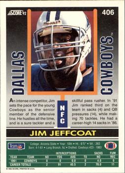 1992 Score #406 Jim Jeffcoat Back