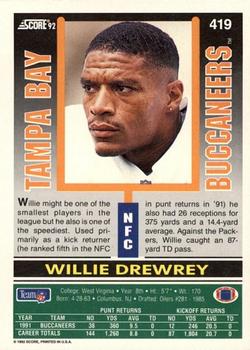 1992 Score #419 Willie Drewrey Back