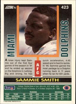 1992 Score #423 Sammie Smith Back