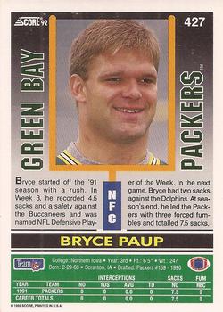 1992 Score #427 Bryce Paup Back