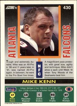 1992 Score #430 Mike Kenn Back