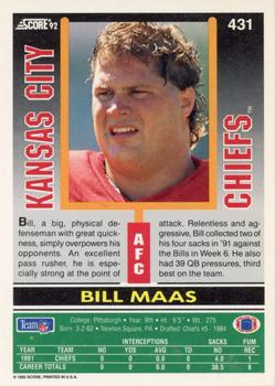 1992 Score #431 Bill Maas Back