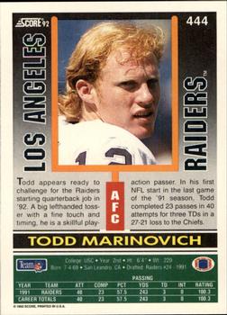 1992 Score #444 Todd Marinovich Back