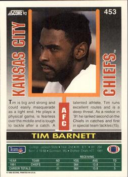 1992 Score #453 Tim Barnett Back