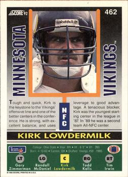 1992 Score #462 Kirk Lowdermilk Back