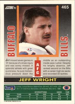 1992 Score #465 Jeff Wright Back