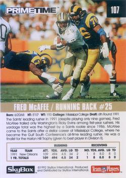 1992 SkyBox Prime Time #107 Fred McAfee Back