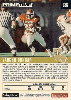 1992 SkyBox Prime Time #036 Vaughn Dunbar Back