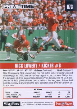 1992 SkyBox Prime Time #073 Nick Lowery Back
