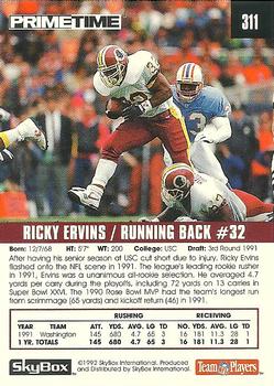 1992 SkyBox Prime Time #311 Ricky Ervins Back