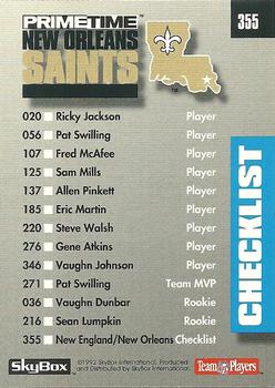 1992 SkyBox Prime Time #355 Checklist: Patriots / Saints Back