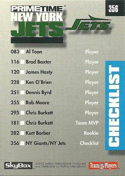 1992 SkyBox Prime Time #356 Checklist: Giants / Jets Back