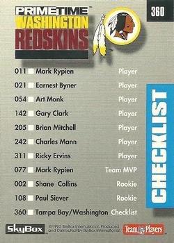 1992 SkyBox Prime Time #360 Checklist: Buccaneers / Redskins Back