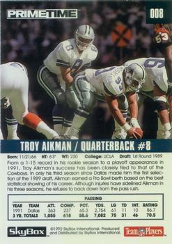 1992 SkyBox Prime Time #008 Troy Aikman Back