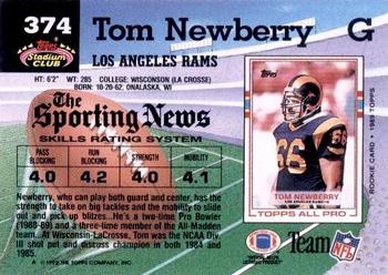 1992 Stadium Club #374 Tom Newberry Back