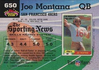 1992 Stadium Club #650 Joe Montana Back