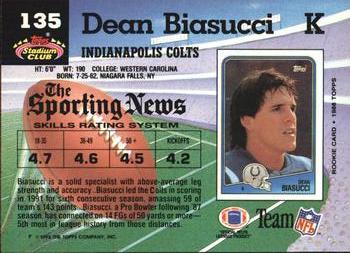 1992 Stadium Club #135 Dean Biasucci Back