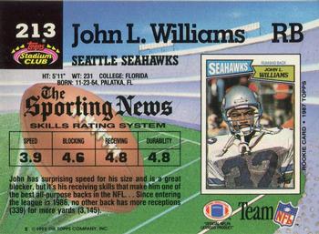1992 Stadium Club #213 John L. Williams Back