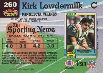 1992 Stadium Club #260 Kirk Lowdermilk Back