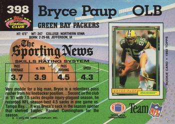 1992 Stadium Club #398 Bryce Paup Back