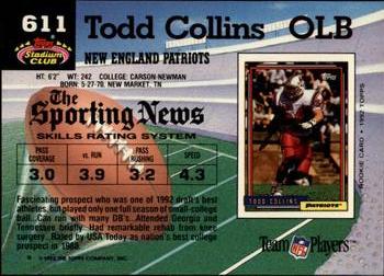 1992 Stadium Club #611 Todd Collins Back