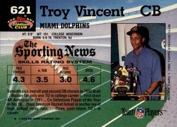 1992 Stadium Club #621 Troy Vincent Back