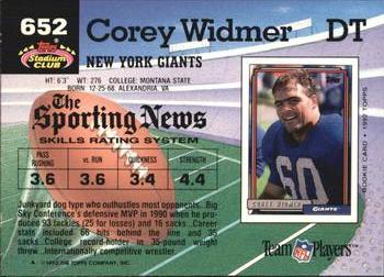1992 Stadium Club #652 Corey Widmer Back