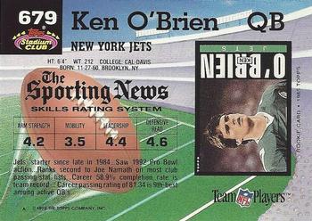 1992 Stadium Club #679 Ken O'Brien Back