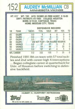 1992 Topps #152 Audray McMillian Back