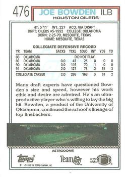 1992 Topps #476 Joe Bowden Back