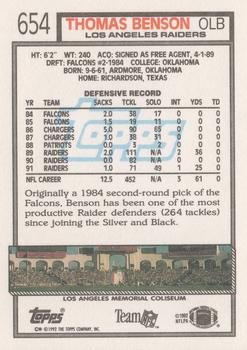 1992 Topps #654 Thomas Benson Back