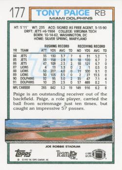 1992 Topps #177 Tony Paige Back