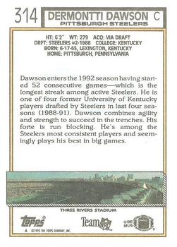 1992 Topps #314 Dermontti Dawson Back