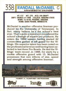 1992 Topps #338 Randall McDaniel Back