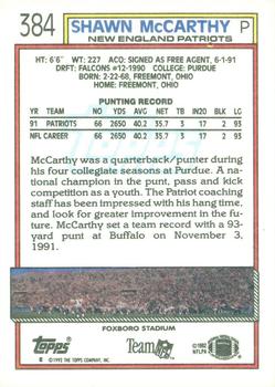 1992 Topps #384 Shawn McCarthy Back
