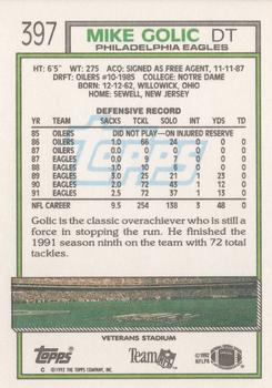 1992 Topps #397 Mike Golic Back