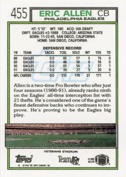 1992 Topps #455 Eric Allen Back