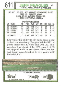 1992 Topps #611 Jeff Feagles Back