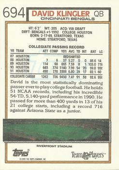 1992 Topps #694 David Klingler Back