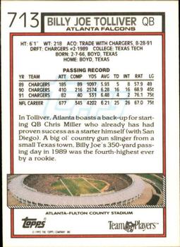 1992 Topps #713 Billy Joe Tolliver Back