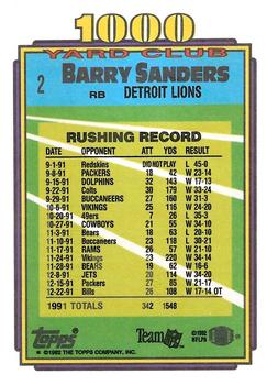 1992 Topps - 1000 Yard Club #2 Barry Sanders Back